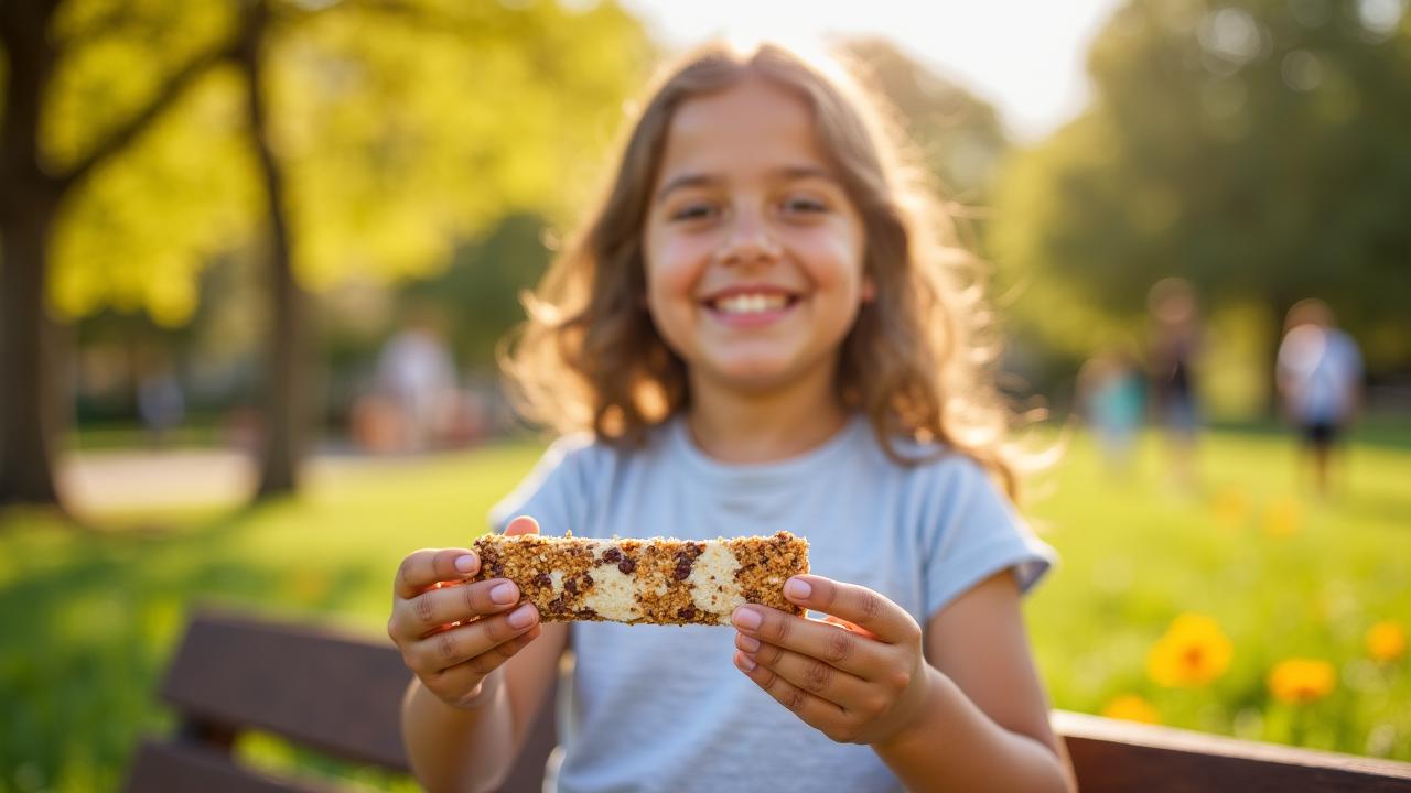 A joyful child enjoying a healthy organic snack in a bright Denver park