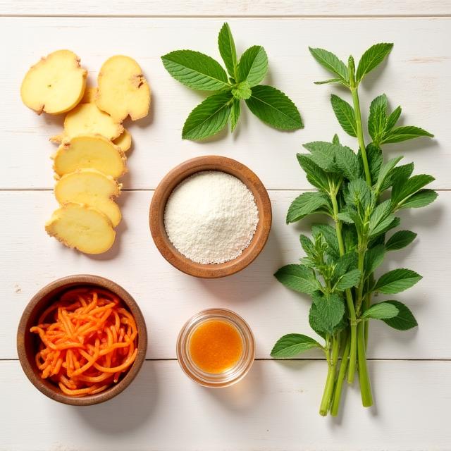 A flat-lay of clean ingredients including ginger, seeds, and fermented foods illustrating a balanced low-FODMAP diet.
