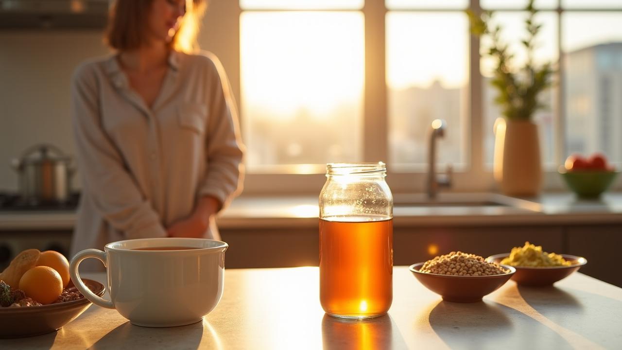 A serene Denver morning with a person enjoying gut-friendly tea and organic snacks in a clean, sunlit kitchen.