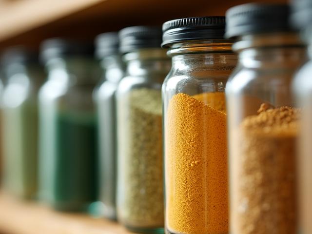 Glass jars of spirulina, maca, and chia seeds