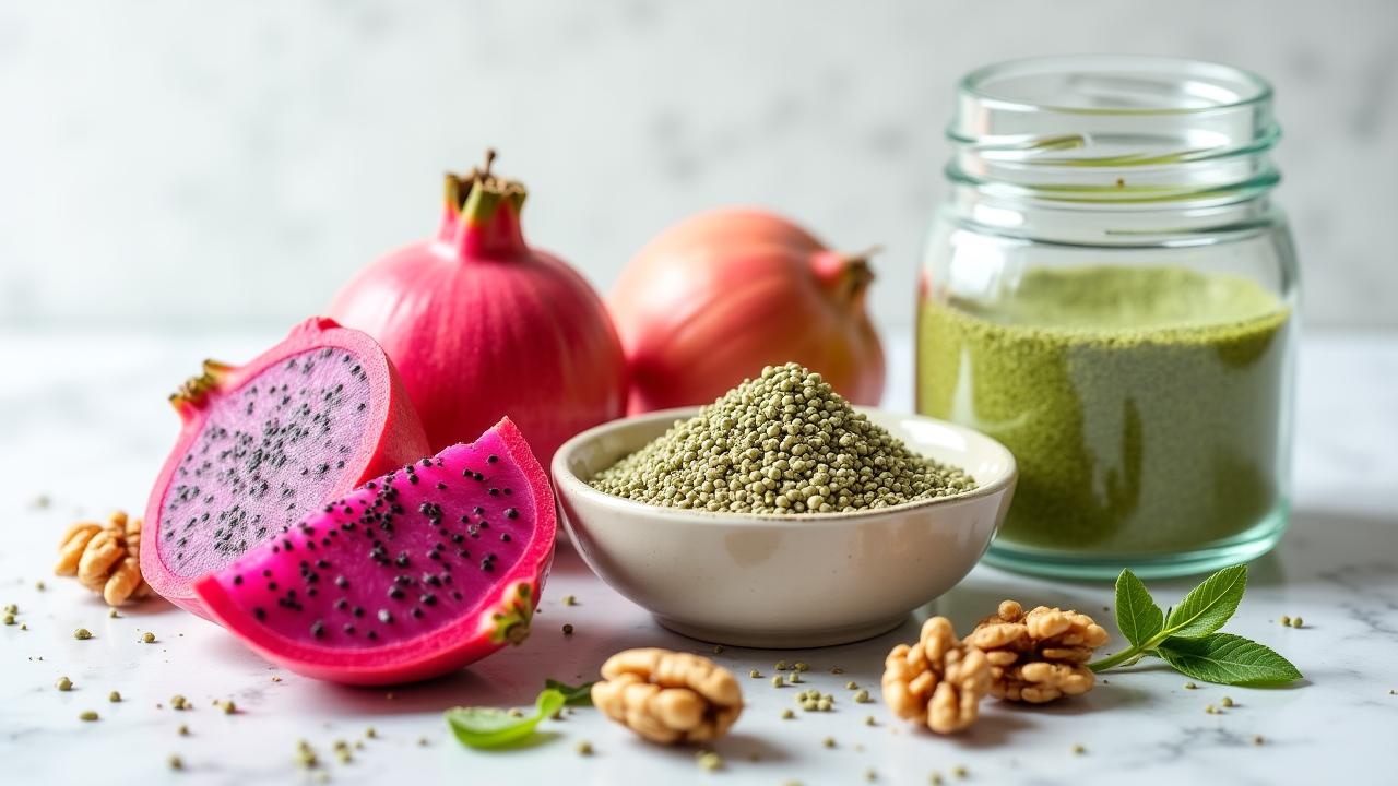 A vibrant arrangement of dragonfruit, hemp seeds, and organic nuts on a minimalist kitchen surface