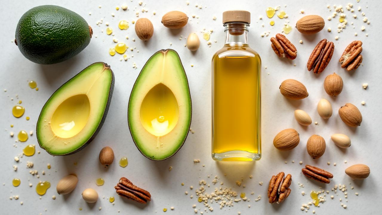 Clean keto ingredients including avocados, nuts, and high-fat superfoods arranged elegantly