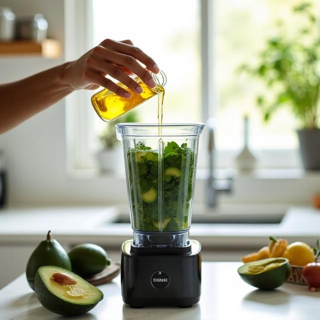 A health-conscious individual in Denver preparing a low-carb plant-based smoothie