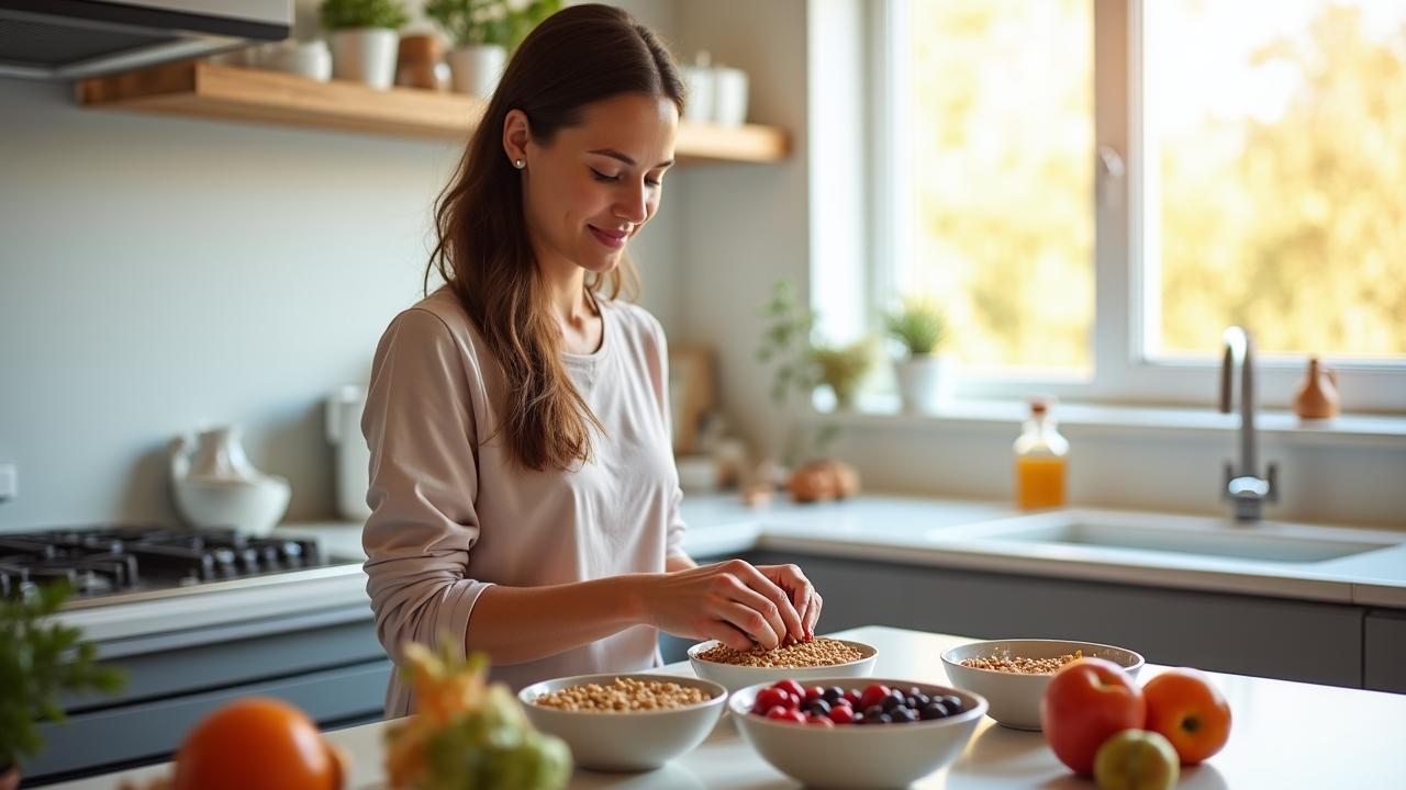Woman in a sunlit kitchen preparing a hormone-balancing breakfast with flax seeds and berries