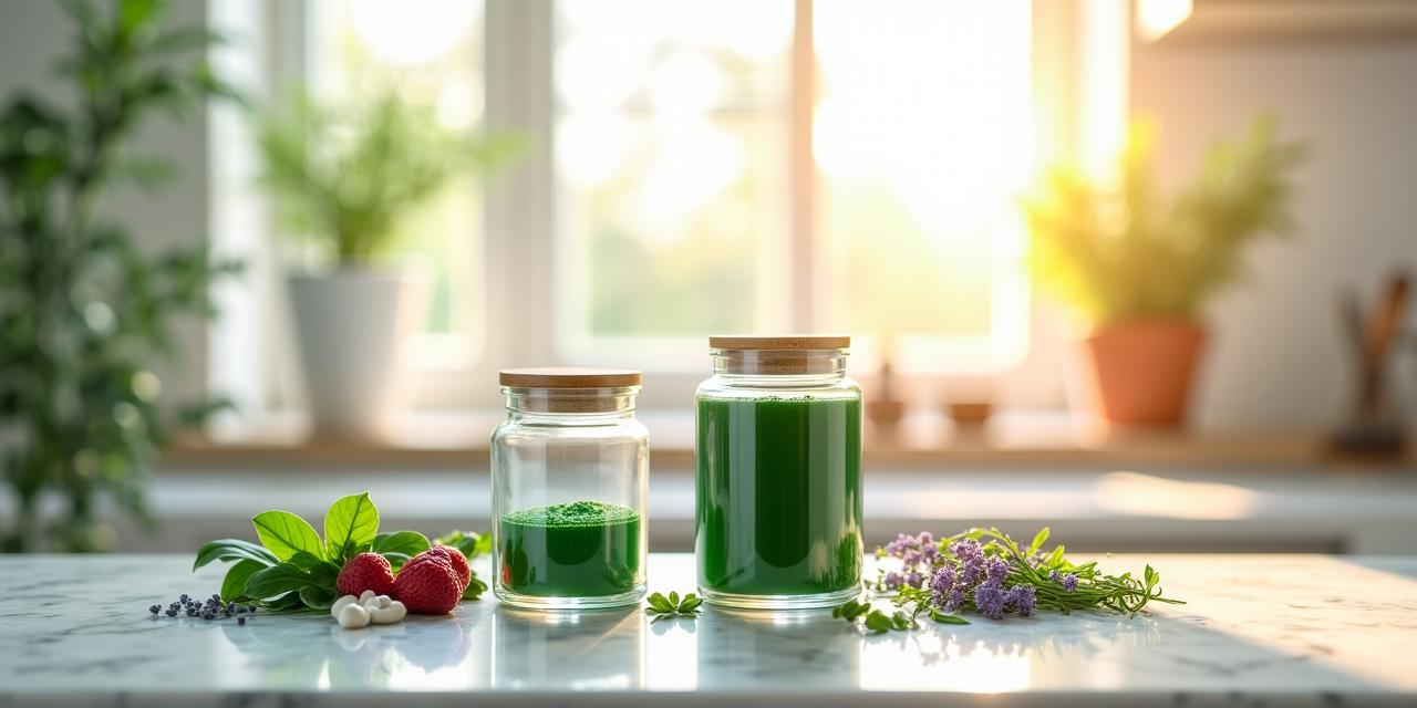 A minimalist display of organic vegan supplements and green superfoods on a clean surface