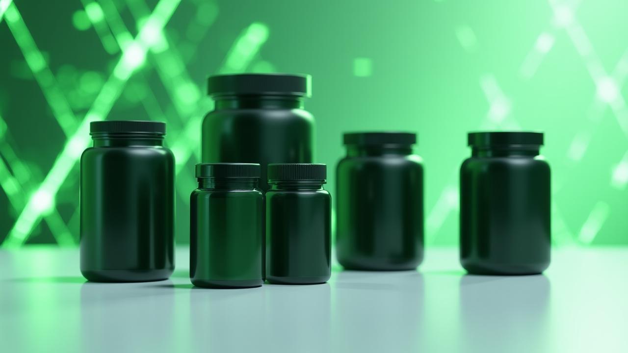 Futuristic flat lay of biohacking supplements with geometric overlays