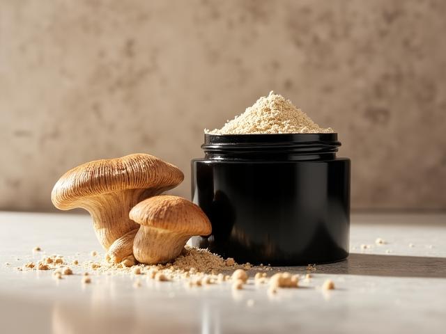 Organic Lion's Mane Extract powder in sleek black vessel