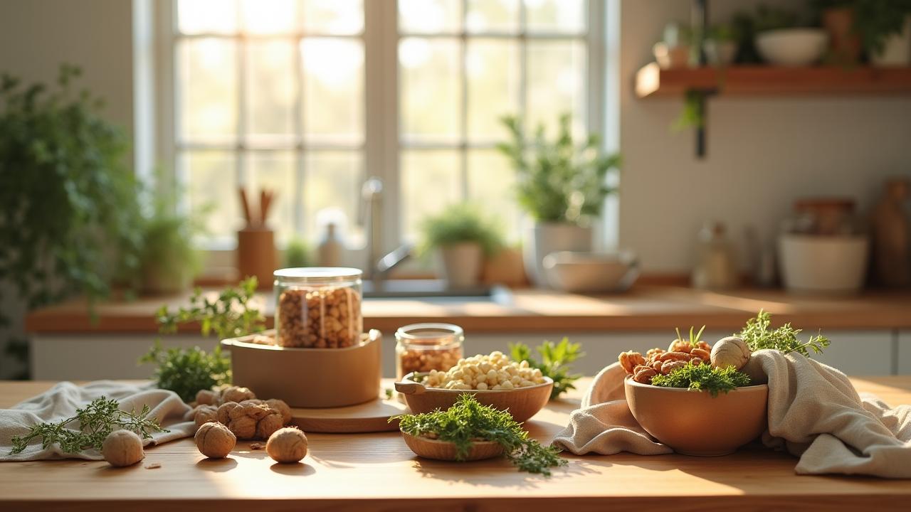 A spread of eco-friendly vegan snacks in compostable packaging on a rustic wooden table